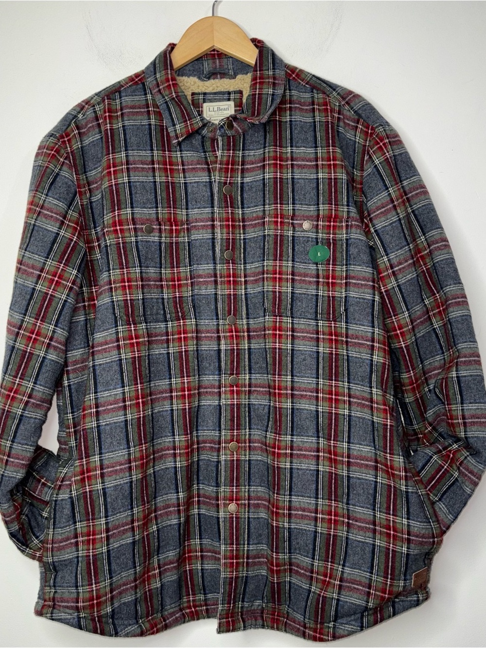 LL Bean Sherpa Lined Flannel Shirt Jacket Mens L Scotch Plaid Slightly Fitted